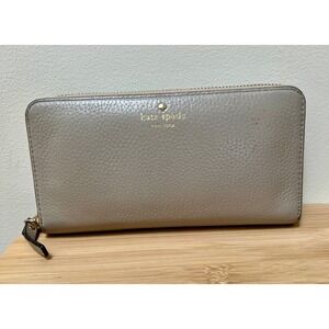Kate Spade Wallet Women's Large Taupe Pebbled Leather Zip Around Continental